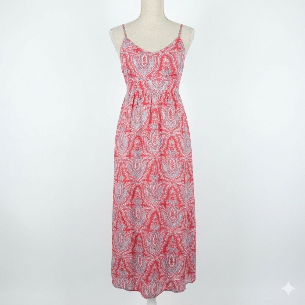 J.Crew Maxi Dress Women Size 0 Red Paisley Cotton Empire Waist Spaghetti Strap